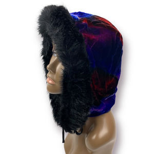 Vintage reversible crushed velvet hood with faux fur trim